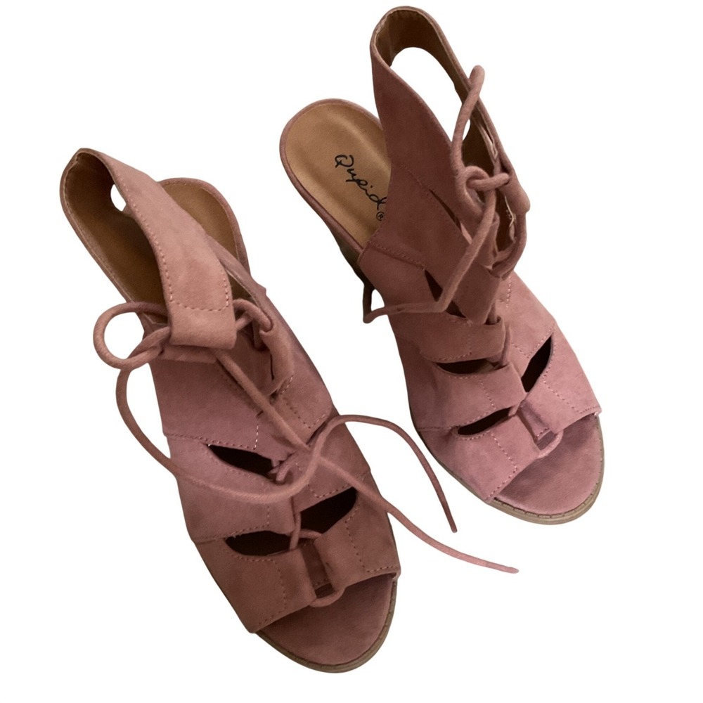 Qupid Pink Faux Suede Lace Up Block Heel Cage Sandals Womens Open Toe Cutout